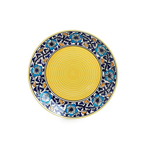Image of ExclusiveLane 'Badamwari Bagheecha' Ceramic Dinner Plate and Bowl Set (3 Pieces, Serving for 1)|Ceramic Serving Bowls Ceramic Bowl Set Serving Bowl Set Ceramic Bowls Plate