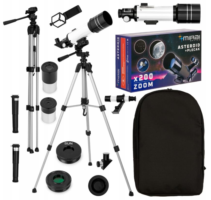 MIRAI OPTICS ASTEROID F40070 Telescopio Educativo | Zoom 200x | Adaptador para Smartphone | Mochila de Transporte | Kit con Filtro Solar y Luna | Telescopio para Niños y Principiantes