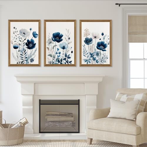 Image of DUWQU Triptych Navy Blue Watercolor Botanical Floral Wall Art 20x30 in x3