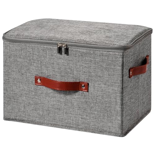 Image of Storage Bin Box with Zippered Lid Cotton Linen Fabric Decorative Basket with PU Leather Handles PP Plastic Board Foldable Lidded Clothing Shelf Closet Organizer Container (Gray, Large)