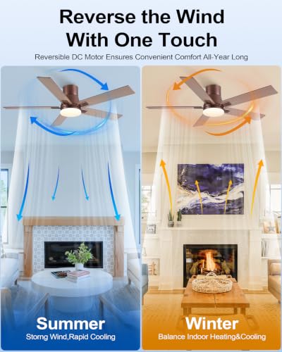Image of Rayqueen 52 Inch Brown Flush Mount Ceiling Fans with Lights and Remote