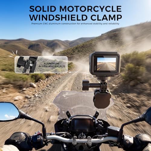 Image of Motorcycle Windshield Camera Mount, Aluminum Alloy Clamp Holder Compatible with Gopro Hero13 12 11 10 9 8DJI Osmo Action 5 4 Insta360 X5 X4 X3,with 1 /4 inch Thread Quick-Release Design