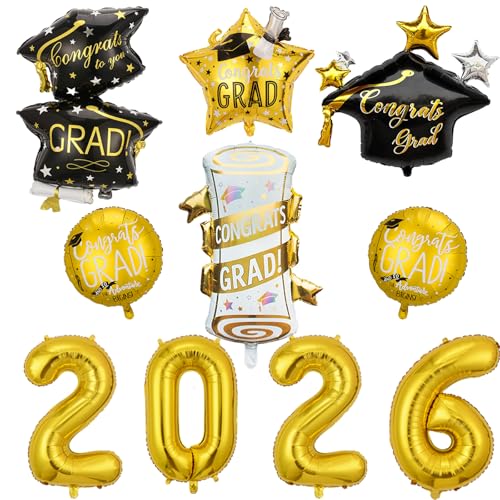 Graduation Balloons- Pack of 7 include Big 32 2026 Number Balloons 6Pcs Black and Gold Graduation Balloons Class of 2026 Graduation Balloons Decorations