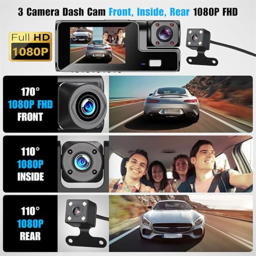 1080P 3 Channel Dash Cam, Wi-Fi DashCam, 1080P Front and Rear Inside, 2’’ Display Mini Car Camera, HDR Night Vision, Loop Recording, G-Sensor, 24H Parking Mode, 170°Wide Angle (Black) — view 3