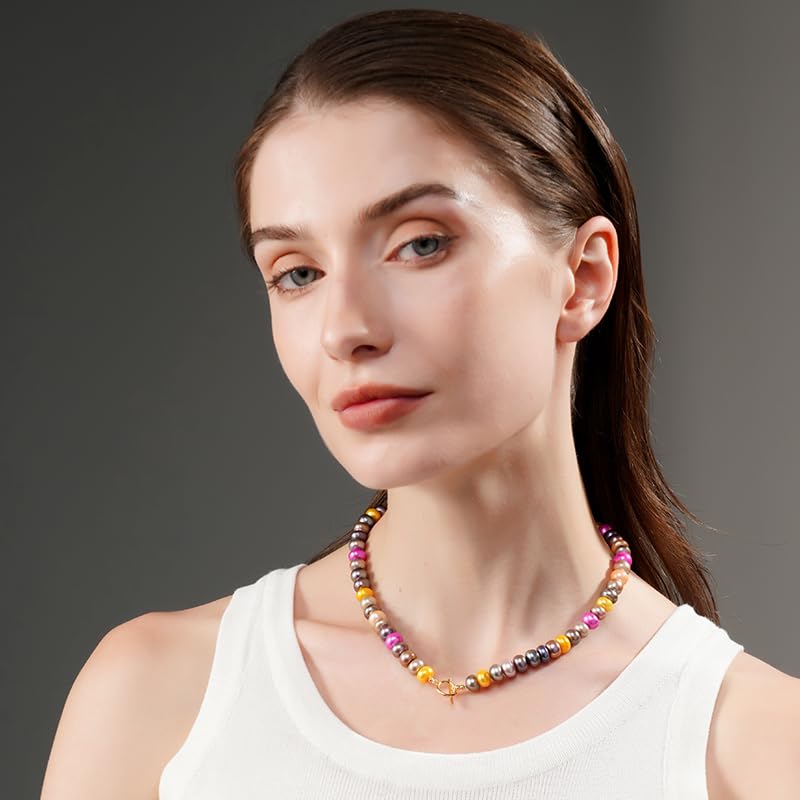 Colorful Beaded Necklace for Women Multicolored Freshwater Pearl Strand Necklace Adjustable Necklace Y2K Trendy Pearl Necklace Jewelry Gifts for Birthday2