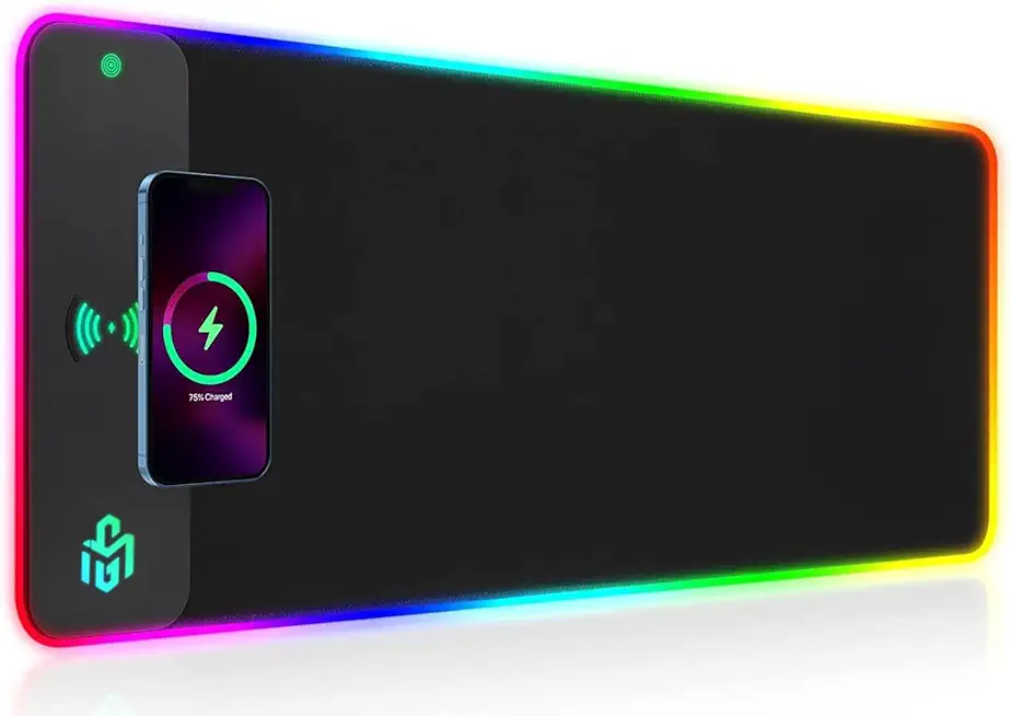 RGB Gaming Mauspad 15W Qi Mousepad LED, 10 Beleuchtungsmodi mit 15W Schnellladung Qi Kabelloses Laden für I-Phone Handy, Kopfhörer, Wasserdicht, rutschfest für Gaming, Schreibtische, PC und Büro