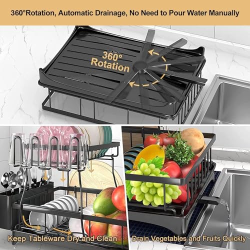 Image of Carbon Steel 2 Tier Dish Racks Dish Drying Rack With 360Drainage Dish Drainboard Set With Cutlery Holder & Cup Holder Dish Drainers Over Sink Drying Rack On Counter (Multi)