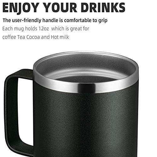 Meway 12Oz Coffee Mug With Handle And Sliding Lid,Stainless Steel Travel Tumbler Cup With Handle,Double Wall Vacuum Insulated Camping Cup For Hot & Cold Drinks Tea (Black,Set Of 1 #TOP3