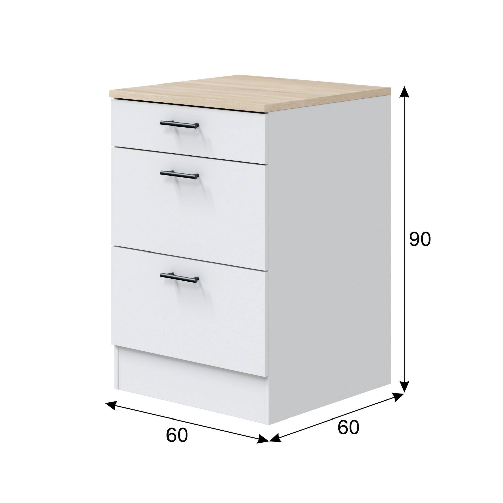 Mobile 3 cassetti Cuggiono, Cassettiera da cucina, Modulo contenitore con cassetti, Base con cassetti estraibili, 60x60 h90 cm, Bianco e Rovere