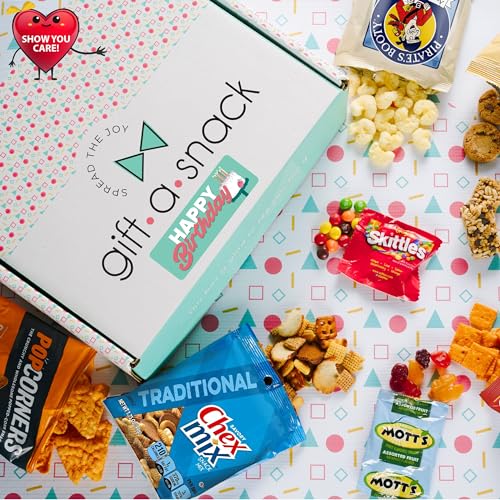Image of Gift A Snack - Happy Birthday Snack Box Variety Pack Care Package + Greeting Card (45 Count) Bday Sweet Treats Gift Basket, Candies Chips Crackers Bars - Office Food Assortments