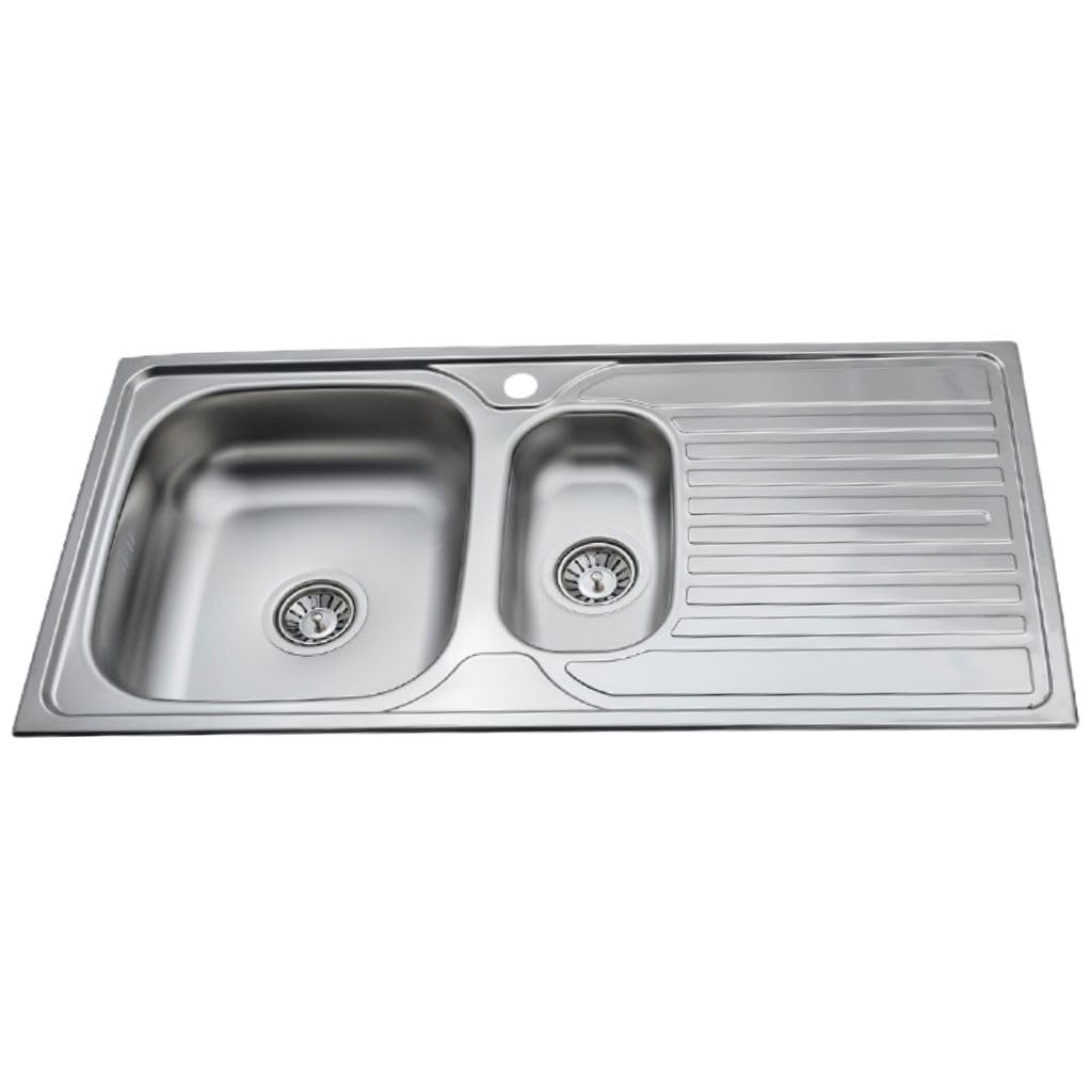 Évier de cuisine en acier inoxydable 100 x 50 cm – Double évier 1,5 bac – Avec égouttoir et siphon – Avec trou pour robinet