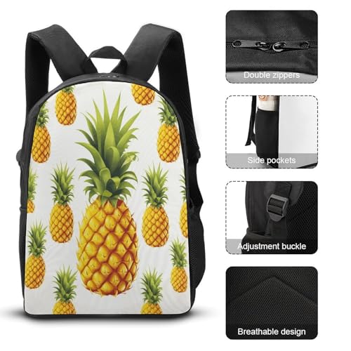 Printed Backpack With Lunch Pack Storage Box Case Yellow Pineapple on White Background Illustration 3pcs Lightweight Travel Backpack3