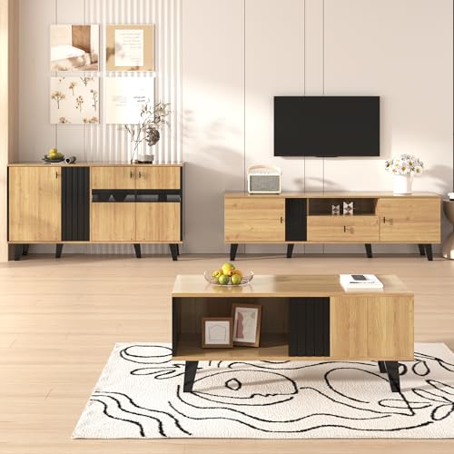 SACOOL Juego de muebles de salón – 3 piezas – Mesa baja, mueble de TV y aparador – Diseño moderno en madera y negro – Mucho espacio de almacenamiento, elegancia elegante para cualquier hogar