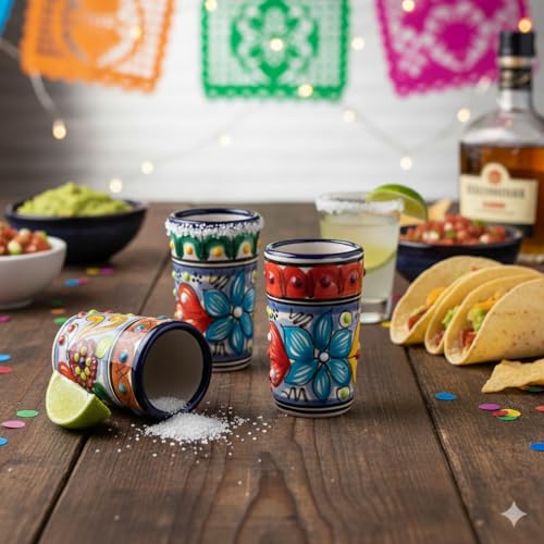 Image of Talavera Shot Glasses Set of 4 Authentic Mexican Tequila Shot Glasses - Hand-painted - 2 Oz (Colorful Talavera)