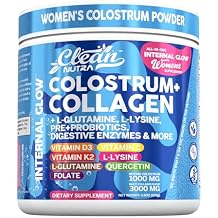 Bovine Colostrum Powder + Collagen Peptides with L-Glutamine L-Lysine Prebiotics Probiotics Digestive Enzymes Vitamin D K2 C Quercetin & Folate | Gut Health Supplement Internal Glow By Clean Nutra