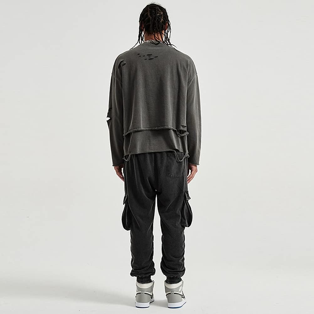 Vintage Streetwear ripped Sweatshirt Men Fashion Autumn Solid Color Oversize Sweatshirt - Image 7