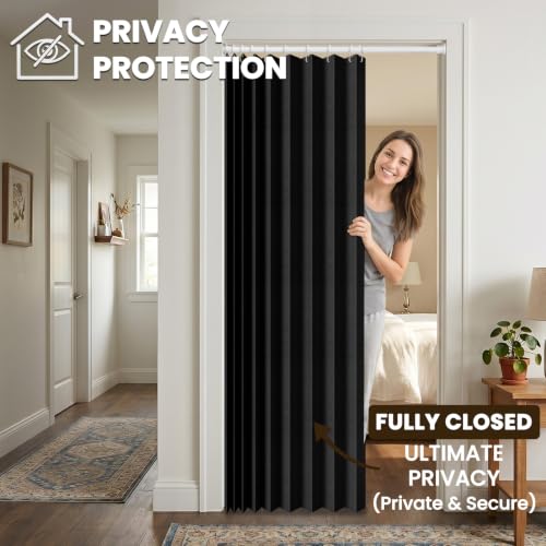 Image of AJAZZ Blackout Accordion Doors Interior Magnetic Door Curtain Folding Closet Door Curtain Invisible Applicable Bedroom Room Living Room Doorway (Black 52 inch W x 78 inch L) 1 Panel
