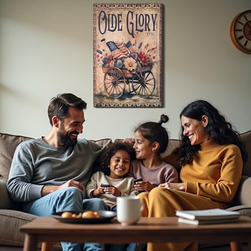 Image of Framed Olde Glory 1776 American Flag Wall Art, Patriotic Vintage Canvas Art Pictures, USA Flag Flower Wall Decor, Made in USA Ready to Hang for Living Room Entryway