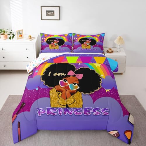 Image of Erosebridal Black Girls Full Comforter Set African Princess Bedding Set Dreamy Rainbow Magical Comforter Cute Little Princess Bed Sets for Kids Melanin Bedroom Decor (1 Comforter, 2 Pillowcases)
