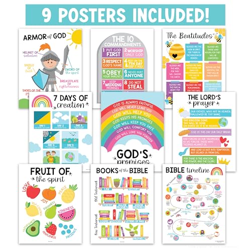 Image of Hadley Designs Sunday School Decorations for Classroom -9 Bible Posters for Kids, Books of the Bible, 10 Commandments, Bible Timeline Chart, Fruits of the Spirit, Rainbow Christian Classroom Decor