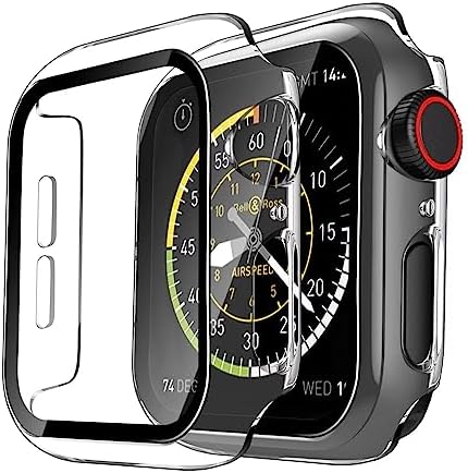 Mosmoc Hard PC Case Compatible with Apple Watch Series 6/5/4/SE/SE2 44mm with Tempered Glass Screen Protector, iWatch Screen Guard, Touch Sensitive, Full Coverage Bumper Protective Cover (44mm Clear)
