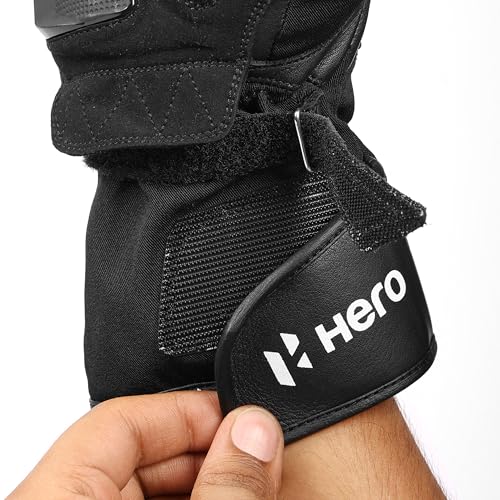 Image of Hero MotoCorp Long Leather and Polyester Full Riding Gloves - Knuckle & Palm Slider Protection, Touch Screen Sensitive, with Extended Cuff (Size L)