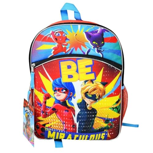 Miraculous Mochila joaninha com bolso frontal e compartimentos com zíper, mochila perfeita para adolescentes e crianças, ideal para escola, viagens e viagens rodoviárias - 40,6 cm