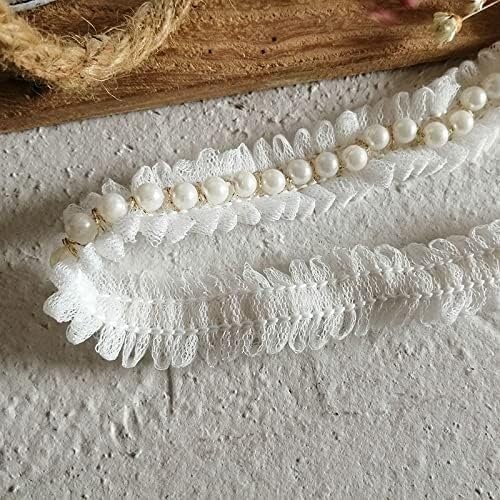 Koronkowe wykończenia o szerokości 2 cm, plisowana tkanina 3D z perłami, kołnierzyk sukni, frędzle z koralikami