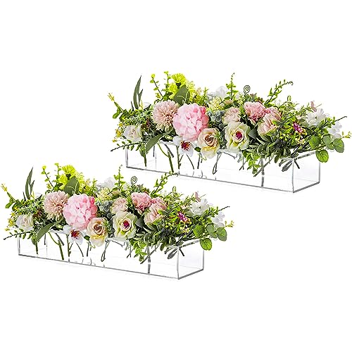 Rectangular Acrylic Vases for Centerpieces 16 Inches Long Floral Vase with Holes for Flowers Clear Rectangle Box Tray for Roses Modern Flower Arranger for Wedding Home Dining Table Decor 2pcs