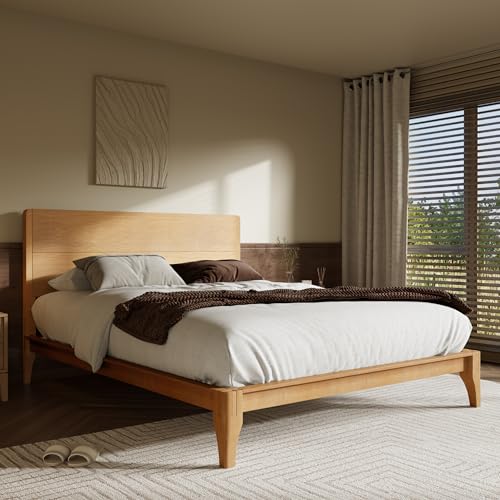 Image of Merax Queen Size Bamboo Platform Bed Frame with Tall Headboard, Natural | Mid-Century Modern Solid Sustainable Bedframe Queen-Size, Wood Slat Support, No Box Spring Needed, Easy Assembly, Noise Free