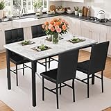 Recaceik Dining Table Set for 4, Faux Marble Kitchen Table Chairs Set of 4 with Rounded Buttons Chairs, Small Kitchen Table for Dining Room and Apartment (Black Button)