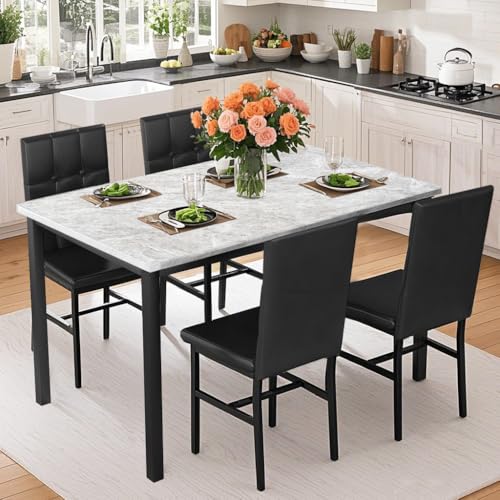 Recaceik Dining Table Set for 4, Faux Marble Kitchen Table Chairs Set of 4 with Rounded Buttons Chairs, Small Kitchen Table for Dining Room and Apartment (Black Button)