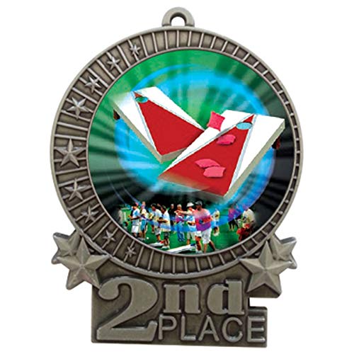 Express Medals 3 inch Cornhole 2nd Place Silver Medal with Neck Ribbon Award XMDMY4 (1)