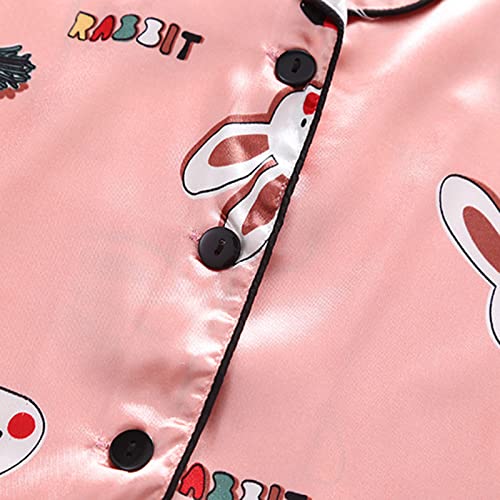 Toddler Girls Short Sleeve Satin 𝐏a𝐣ama Set Cute Bunny print 𝗦ilk 𝐏ajamas Button Down 𝐏𝗝s with Shorts Sl𝐞epwear2