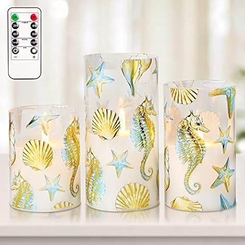 GORGE MOMENT Ocean Beach Decor Flameless Candles Flickering with Timer Remote, Glass Bronzing Nautical Theme Decal, Blue Seahorse Seashell, for Home Bathroom Decor Wedding Holiday Party, 3" x 4" 5" 6" Cover