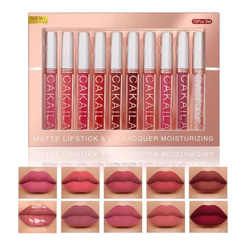Pintalabios Mate de Larga Duración, Labial Líquido, 10 Piezas Pintalabios Traje, Lápiz Impermeable Kit, Labiales Mate Larga (01)