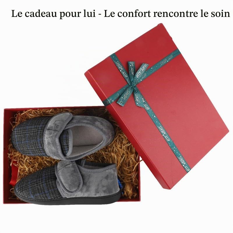 TIESTRA Pieds larges Hommes Chaud Pantoufles DiabéTique Semelle en Mousse à Mémoire de Forme Pantoufles en Feutre pour Hommes avec Hook and Loop EU 41-47