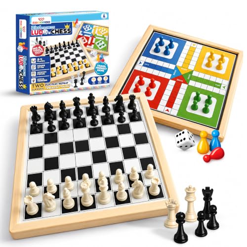 Image of Wembley 2 in 1 Magnetic Wooden Chess Board Set and Ludo Board Game, Magnetic Chess Set with Pieces, Ludo Game for Kids, Family Board Game for Boys and Girls