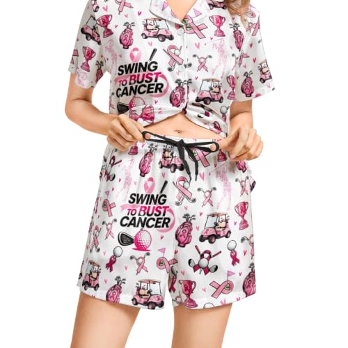 Image of Funny Satin Pajamas Set for Women Button Down Sleepwear Print Pjs Set 2 Piece Short Sleeve Loungewear Gift for Women