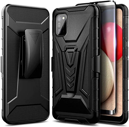 NZND Case for Samsung Galaxy A03S with Tempered Glass Screen Protector (Maximum Coverage), Belt Clip Holster with Built-in Kickstand, Heavy Duty Protective Shockproof Armor Defender Case (Black)