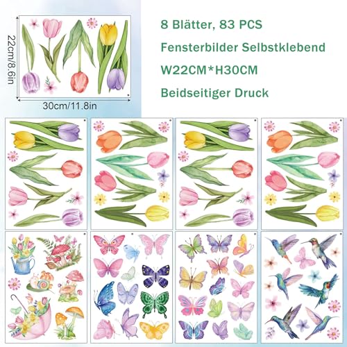 Antrect Fenstersticker Frühling Fensteraufkleber Blumen Fensterbilder Schmetterlinge selbstklebend Fensterdeko kleben 8 Stücke 83Pcs Fenster Aufkleber Kinder, wiederverwendbar
