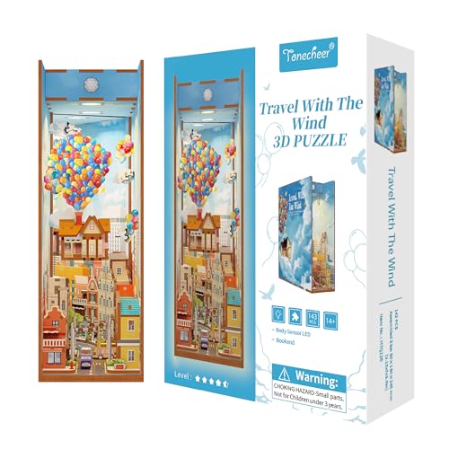 Tonecheer Book Nook Kit DIY Modelo de Montaje 3D Puzzle de Madera para Adultos Construye un Kit de Casa en Miniatura Kit de Manualidades con Luz Regalos Personalizados (Viajando con el Viento)