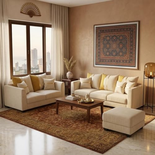 Image of Vero Plush Comfort Sofa Set | 3 Seater + 2 Seater with Ottoman | Luxury Velvet Suede Fabric | Modern Living Room Sofa | Cream