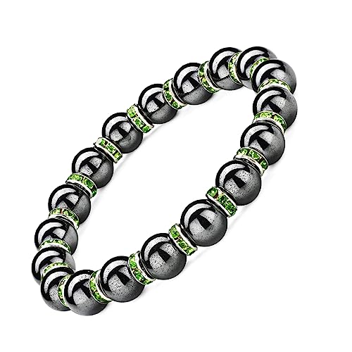 Hematite Magnetic Bracelet With Zirconia,Handmade Stretch Magnetic Bracelet，Eliminates static electricity. (Green Zirconia,8MM)