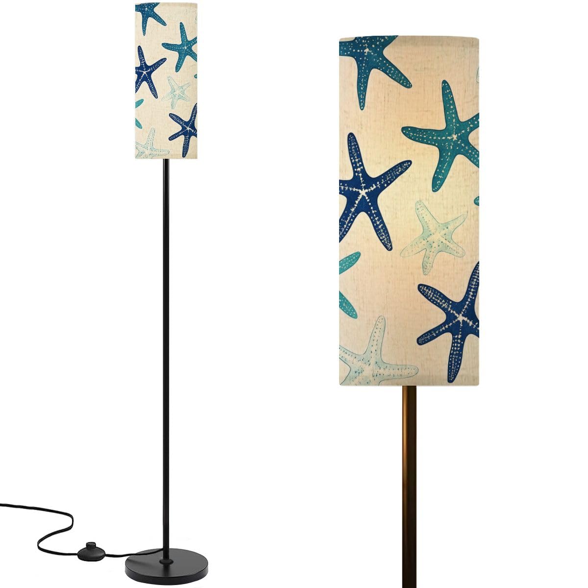 Floor Lamp Coastal Nautical Starfish Repeat Pattern Navy Blue Turquoise White Dimmable Modern Standing Lamp with Lampshade Remote Footswitch Tall Pole