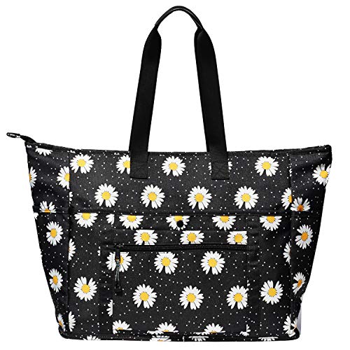 Women Ladies Weekender Bag Muti-pockets Overnight Carry-on Duffel Travel Gym Tote Luggage Duffle with Trolley Sleeve (White Daisy)