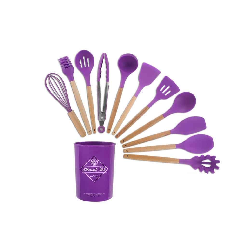 11PCS Utensili da Cucina in Silicone Set Spatola Antiaderente Pala Manico in Legno Set di Strumenti da Cucina con Scatola di immagazzinaggio Utensili da Cucina