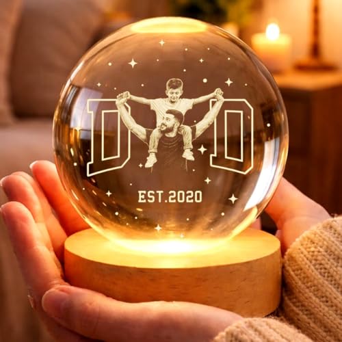 Image of Custom Dad Photo Crystal Ball Light, Fathers Day Gift from Kids, New Daddy Gift, Best Daddy Ever Keepsake Light, Grandpa & Kids Portrait Globe