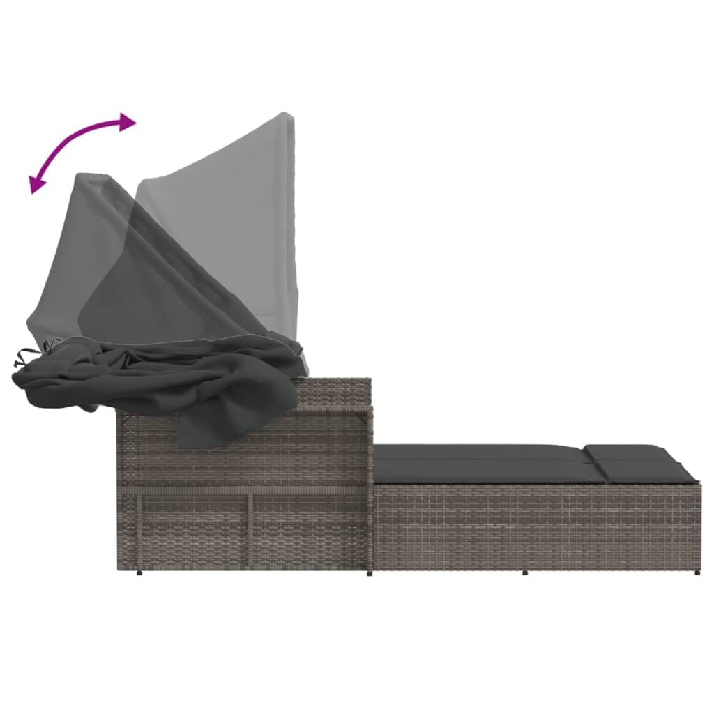 Polyrattan Doppelliege Doppel Sonnenliege mit Dach und Auflagen Garten Sonnenliege für 2 Personen Outdoor Liege - Rückenlehne verstellbar -Grau-