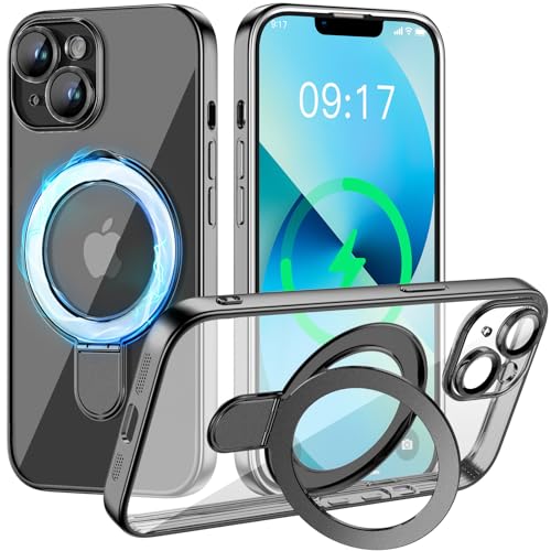 Image of Magnetic for iPhone 13 Case with Invisible Stand[Compatible with MagSafe][Full Camera Lens Protector][Military Drop Protection] Shockproof Not Yellowing Clear Slim Soft for Women Men